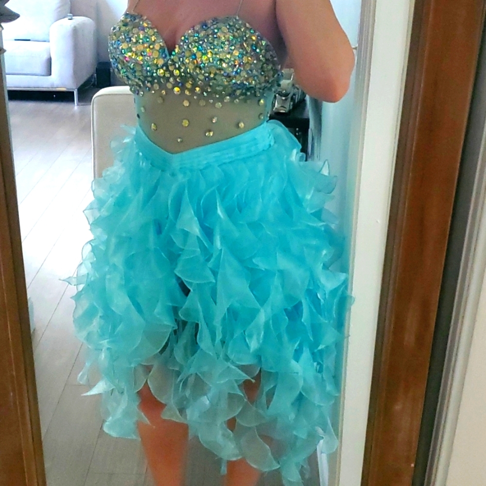Turquoise Sheer Jeweled Prom Dress